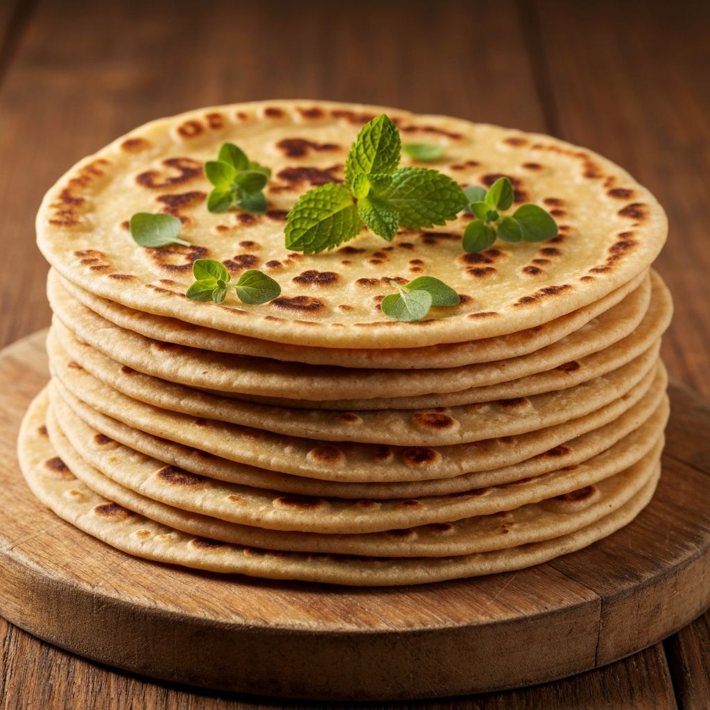 Stack of freshly cooked Kenyan chapati flatbread on a wooden board
