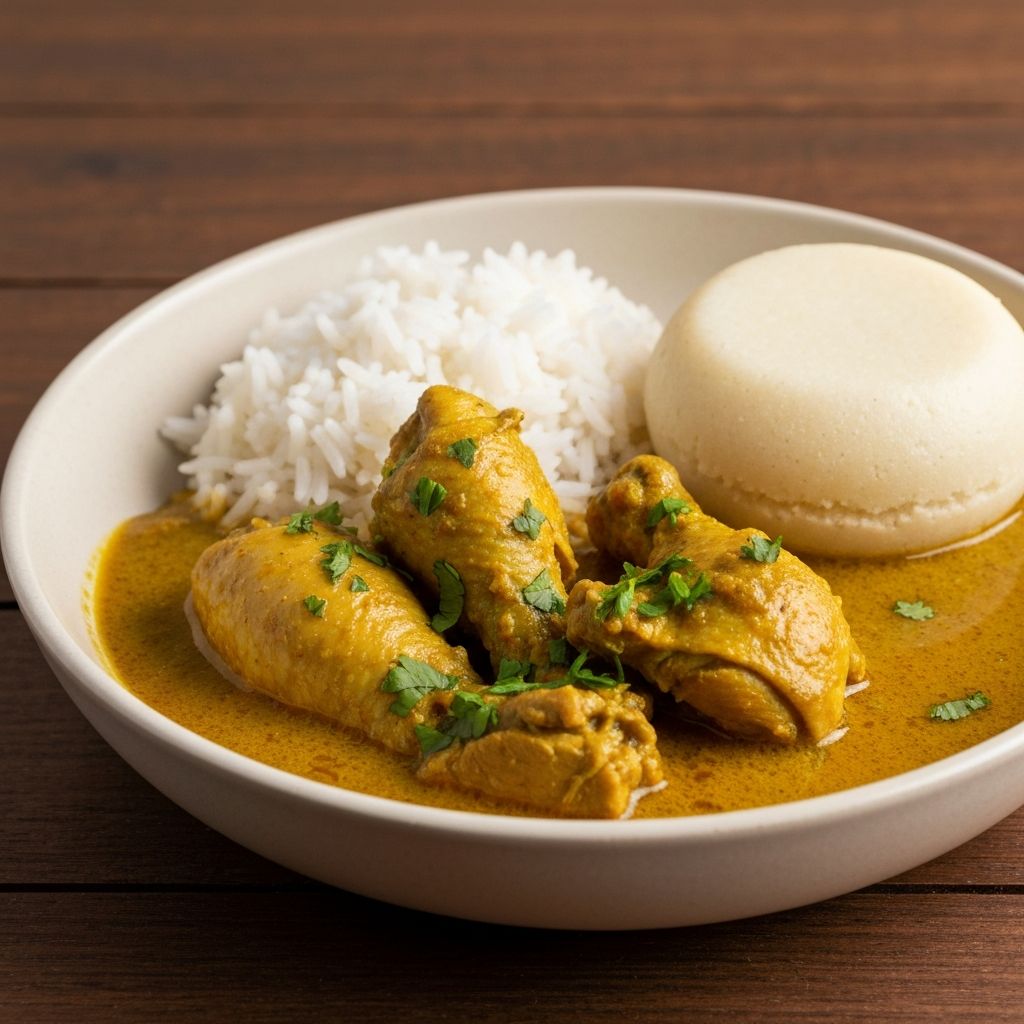 Kenyan chicken curry with rice and ugali in a bowl with golden sauce