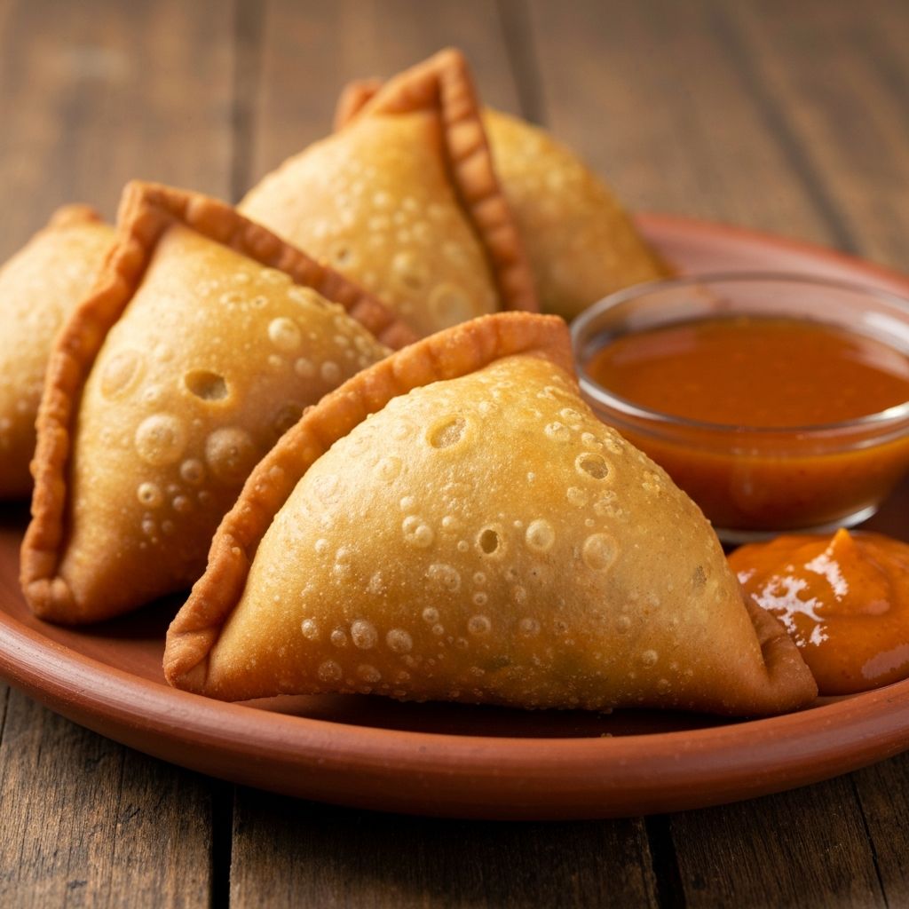 Golden crispy sambusas served with dipping sauce on a rustic plate
